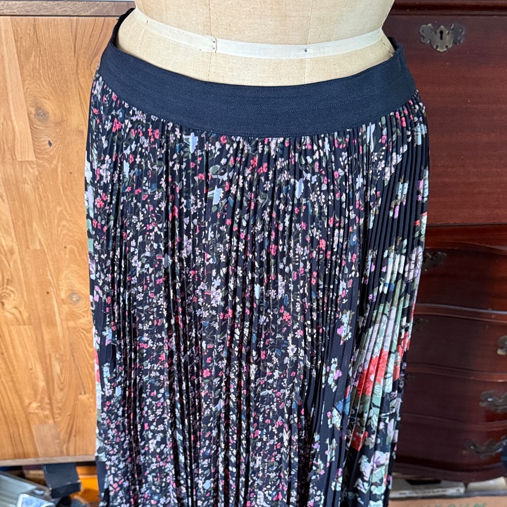 Rebecca Taylor Black Floral Pleated Maxi Skirt with Pink and Lavender Accents